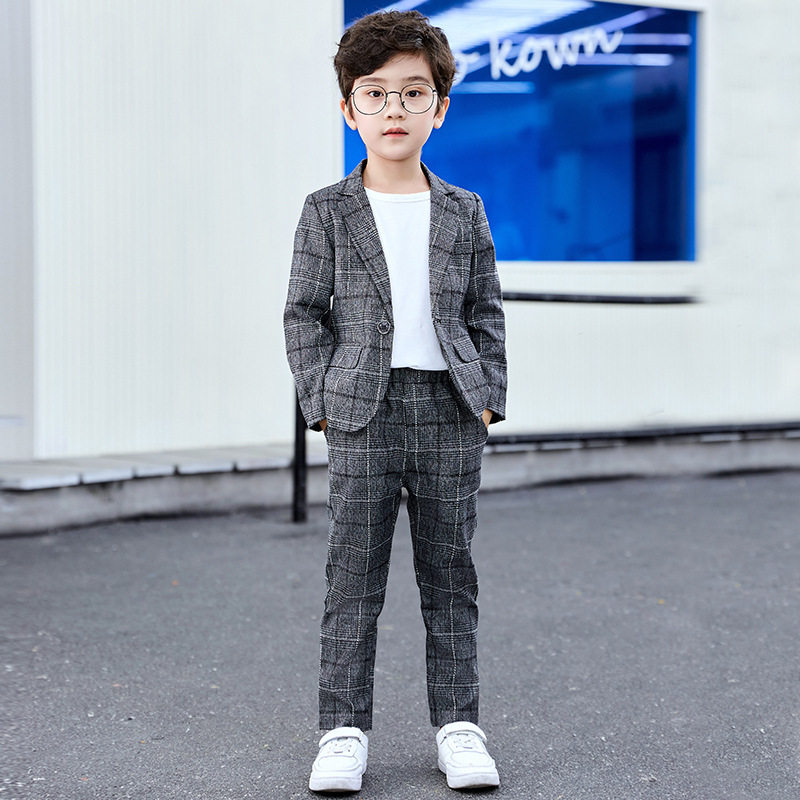 儿童西装套装男童休闲西服韩版格子英伦风小孩主持人钢琴演出礼服