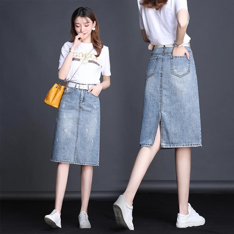 半身裙女春夏2025新款韩版浅色直筒中长款a字高腰牛仔一步裙过膝