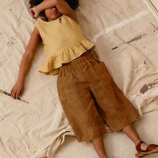 春夏新款森系复古棉麻童装九分裤休闲直筒裤男童女童松紧腰阔腿裤