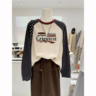 胖mm特大码300斤秋装复古撞色插肩长袖T恤女秋冬内搭打底衫上衣服