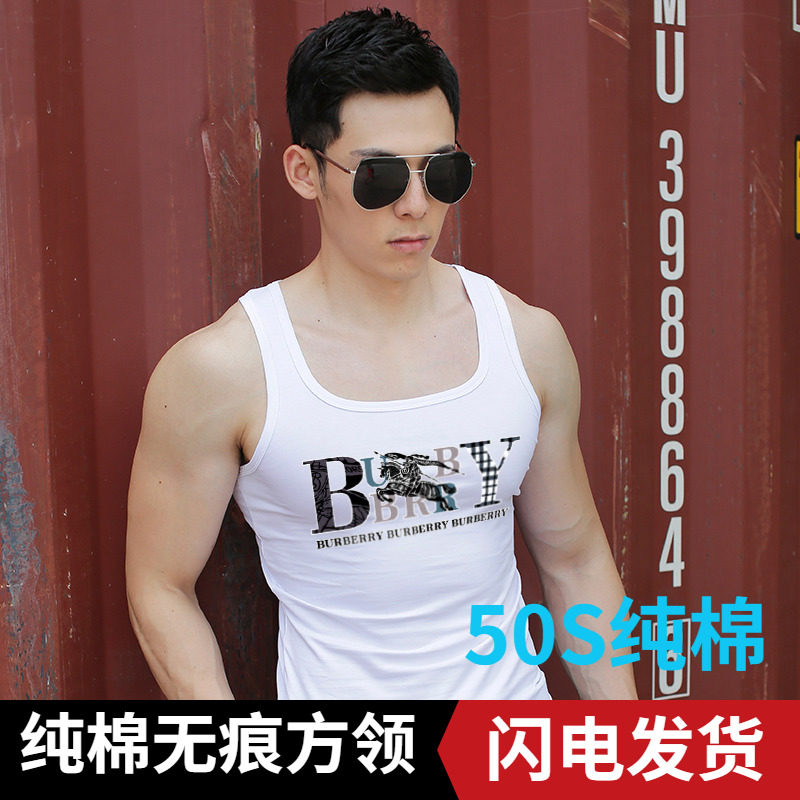 方领纯棉背心男无痕修身运动马甲印花套头汗衫一字领无袖薄款打底