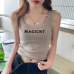 方领宽肩小吊带字母背心女修身无袖内搭遮副乳外穿百搭辣妹打底衫