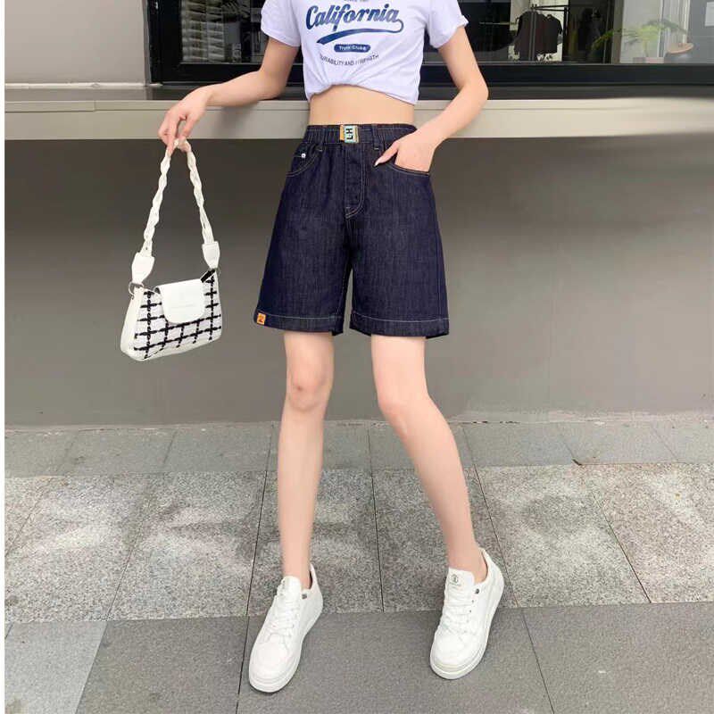 五分牛仔短裤女宽松直筒牛仔裤松紧高腰夏季薄款显瘦阔脚5分中裤