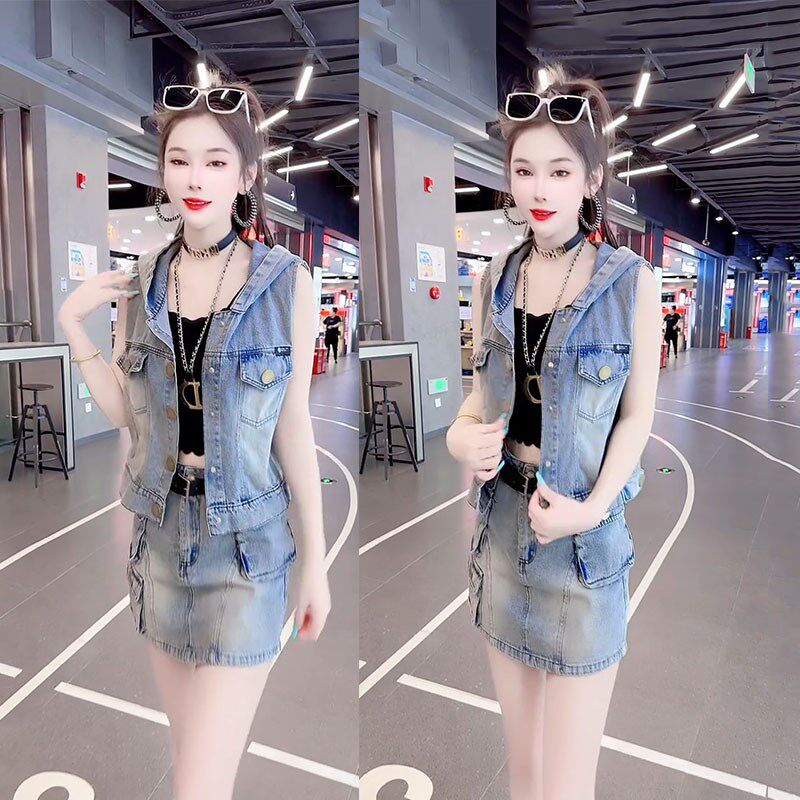 欧货潮流牛仔时尚套装女2024夏季新款设计感后背纽扣连帽马甲短裤