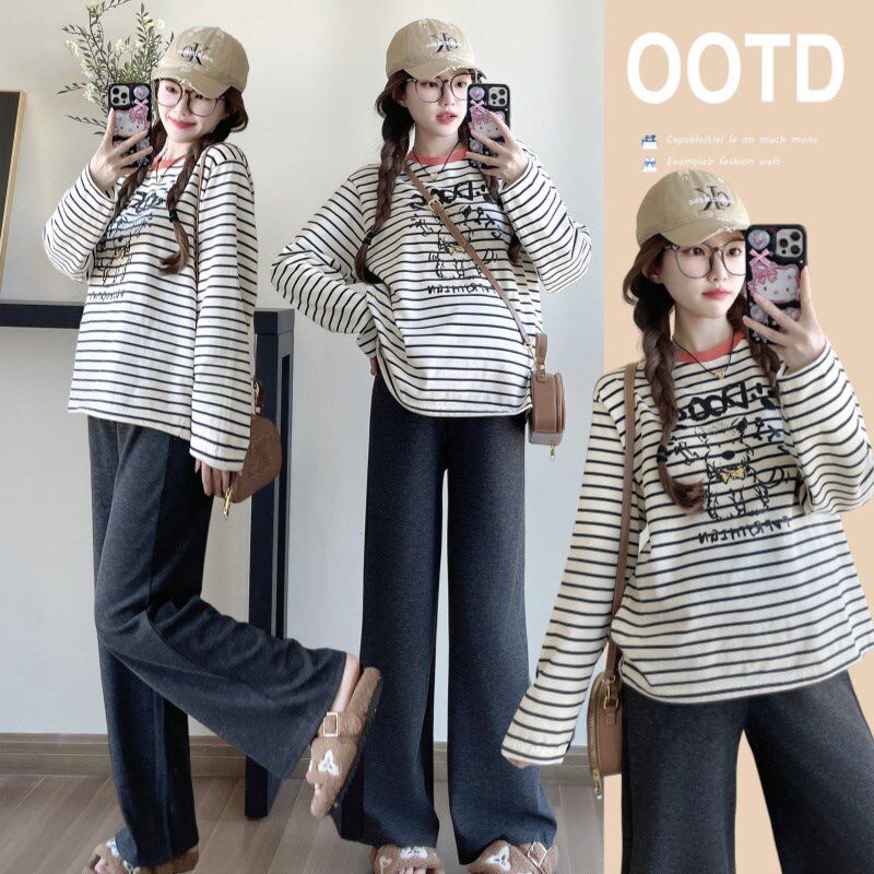孕妇装春装显瘦长袖条纹上衣2025新款韩版套头T恤怀孕卡通卫衣女