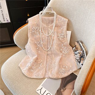 夏季新中式国风薄款马甲女重工刺绣亮片背心马夹复古无袖防晒上衣