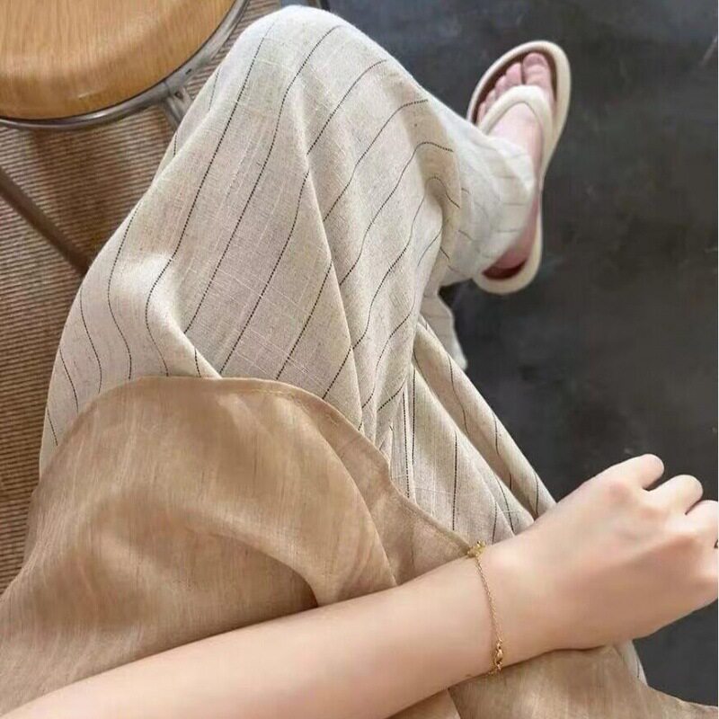 孕妇棉麻休闲裤2024新款夏季薄款裤子宽松大码显瘦条纹直筒阔腿裤