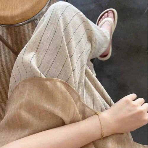 孕妇棉麻休闲裤2024新款夏季薄款裤子宽松大码显瘦条纹直筒阔腿裤