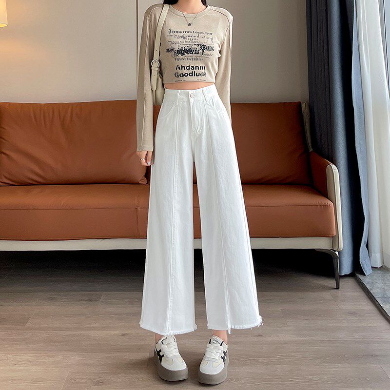 毛边白色高腰牛仔裤新款垂感宽松直筒阔腿裤小个子九分女裤子春秋