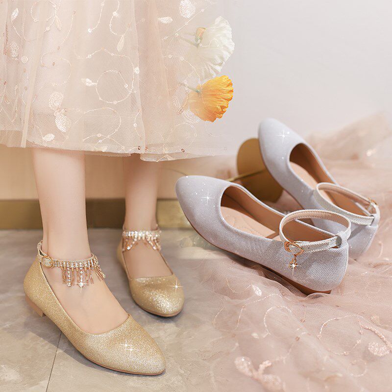 平底圆头礼服鞋子女走秀公主水晶学生伴娘金色单鞋钢琴舞台演出鞋