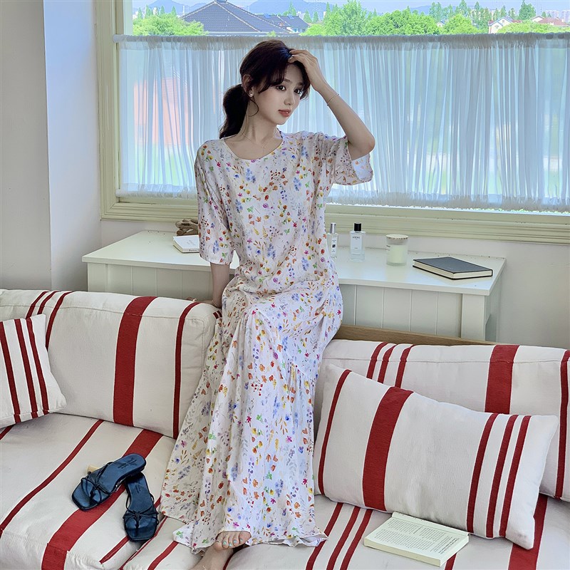 一体式固定胸垫睡裙有腰带女短袖夏季超薄棉绸加长款连衣裙可外穿
