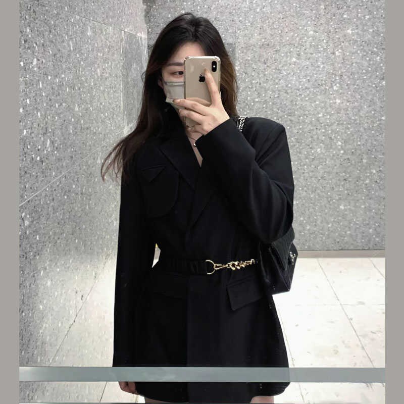 黑色高级感春秋新款宽松收腰配腰带中长款西装外套小个子西服上衣