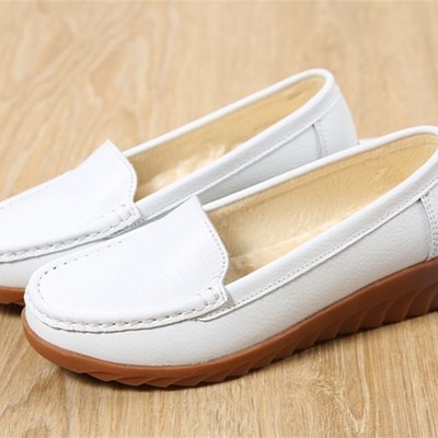 冬季真皮棉鞋牛筋底豆豆鞋加绒保暖冬鞋坡跟中老年妈妈女鞋棉皮鞋