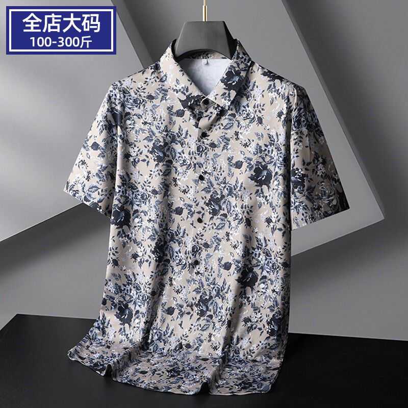 加肥加大短袖花衬衫男士夏季薄款特大码宽松胖子免烫半袖衬衣男款