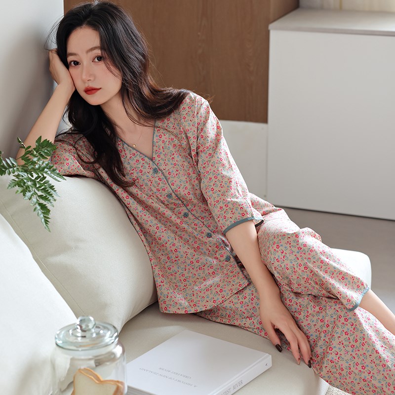 夏季女士V领时尚妈妈睡衣长裤七分袖纯棉碎花宽松家居服套加大码
