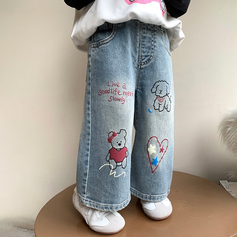女童裤子春秋款2025新款小童洋气女宝宝阔腿裤儿童直筒时髦牛仔裤