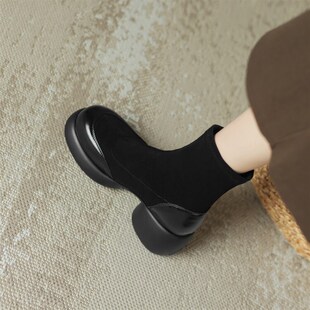 马丁靴女高跟靴2023新款 中跟厚底短靴粗跟弹力靴套筒瘦瘦靴 秋季