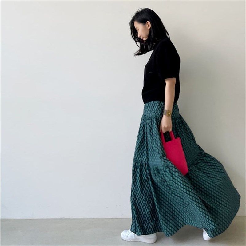 大码女装胖mm夏季韩版百搭格纹裙子宽松显瘦中长款大摆a字半身裙