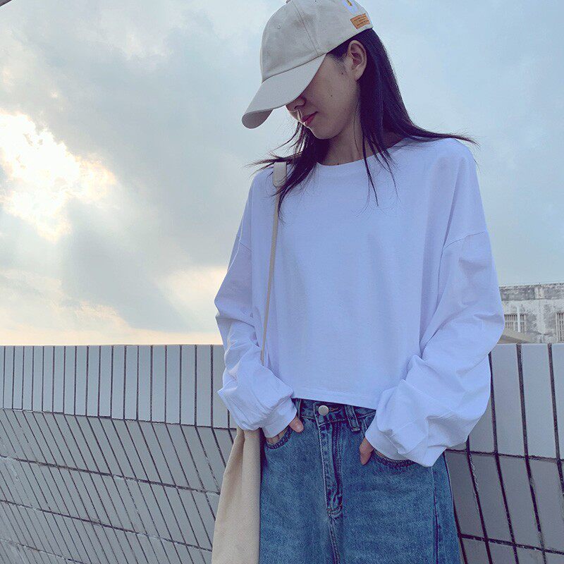 白色短款卫衣女设计感新款薄款长袖t恤韩版宽松学生纯棉上衣春秋