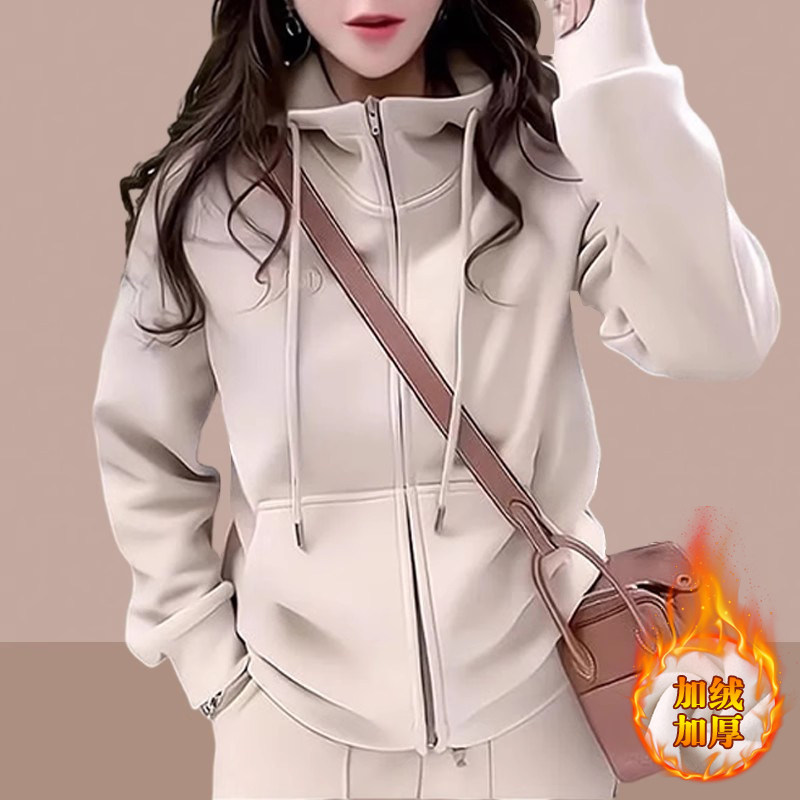 加绒开衫卫衣连帽外套女2024秋冬慵懒风宽松拉链休闲加厚保暖上衣
