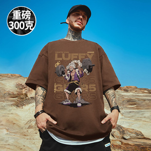 夏季 300g重磅日系潮牌宽松T恤学生短袖 咖色半袖 男装 卡通情侣大码