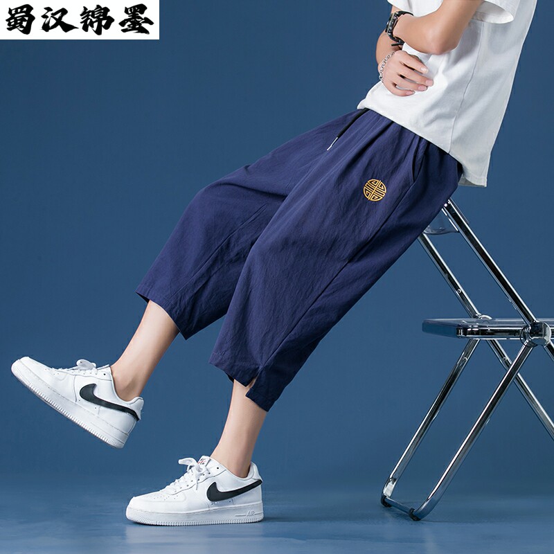 亚麻七分裤男薄款短裤夏季宽松大尺码休闲7分裤夏五分裤棉麻裤子