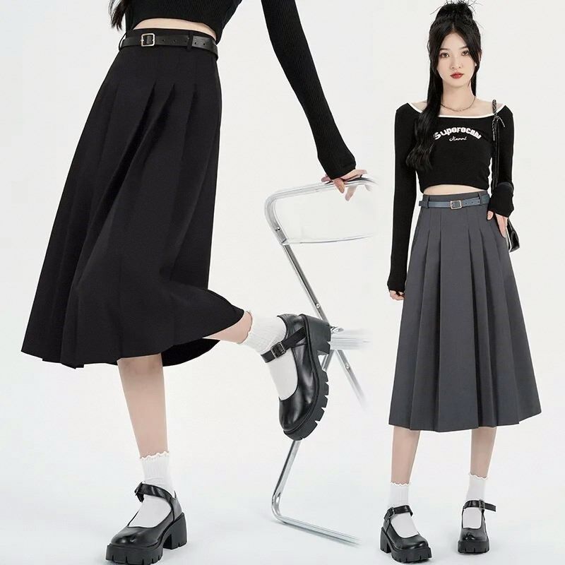 灰色西装半身裙女中长款春秋季简约高腰显瘦气质休闲小个子百褶裙