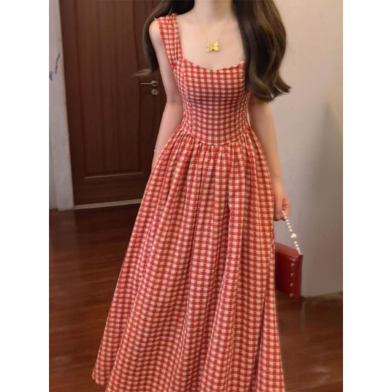 法式甜美温柔风绑带红格子连衣裙女夏季气质减龄高级感收腰长裙子