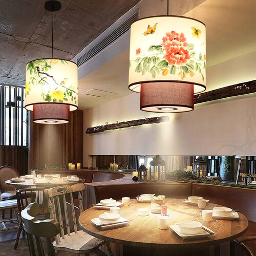 新中式吊灯羊皮圆形禅意茶楼饭店走廊餐厅阳台手绘古风灯笼火锅店