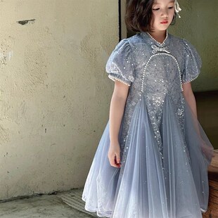 女童泡泡袖连衣裙2025夏季儿童宝宝改良旗袍公主裙生日网纱鱼尾裙