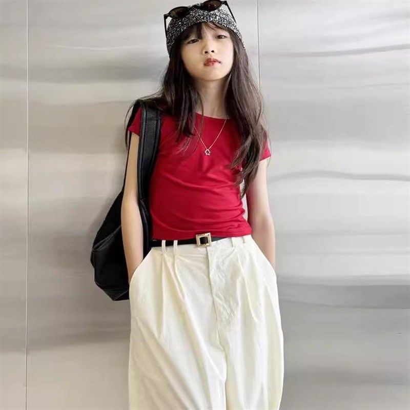 豆丁韩国儿童洋气街舞黑色紧身短款上衣女童黄色短袖t恤大童童装