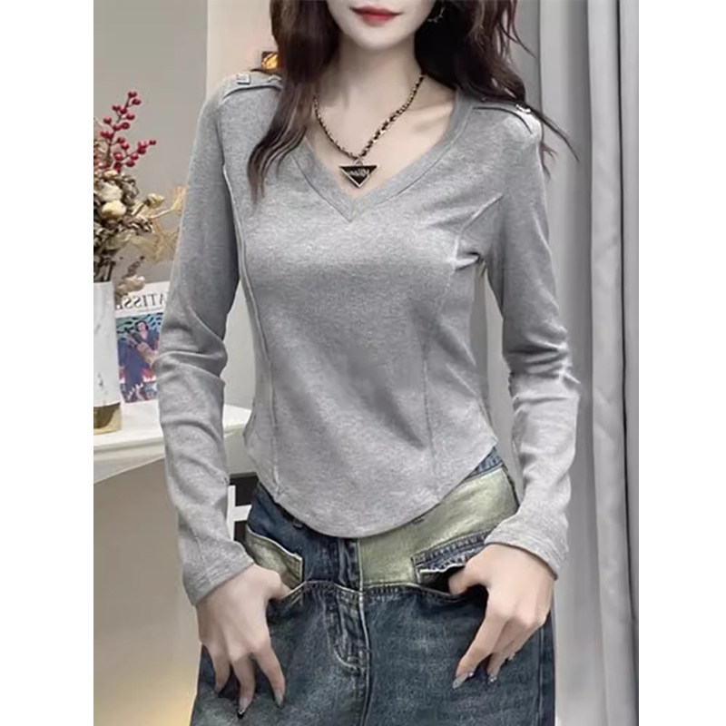 不规则V领长袖t恤女春秋装2025新款修身打底衫设计感小众短款上衣