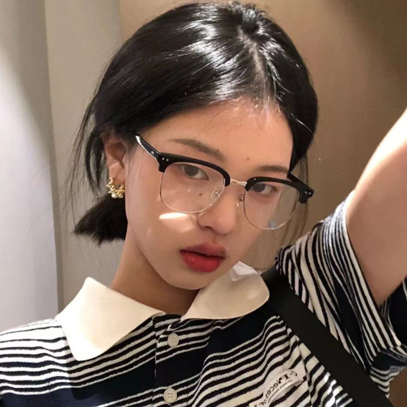 日系半框铆钉复古黑框方形圆脸显瘦平光眼镜女文艺近视框架小脸