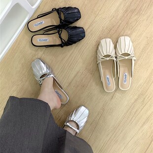 法式平底银色包头半拖鞋女鞋子外穿2025新款夏季褶皱配裙子半托鞋