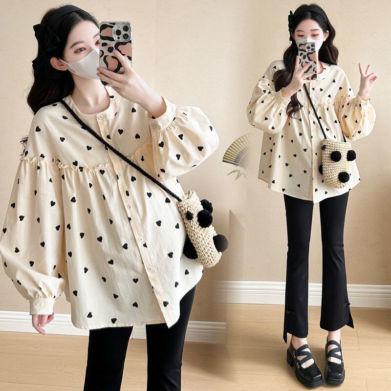 孕妇装春装木耳边拼接长袖印花上衣宽松大码休闲娃娃衫春季衬衫春