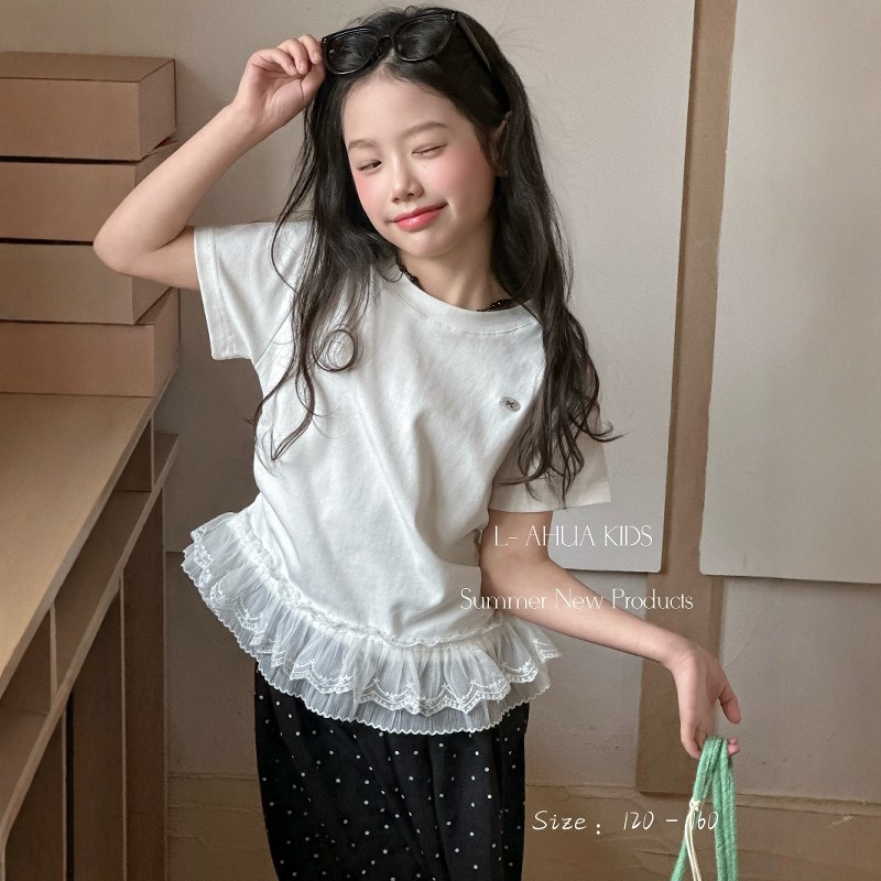 韩版童装2025夏款女童甜美蕾丝花边短袖T恤上衣儿童荷叶边打底衫图片