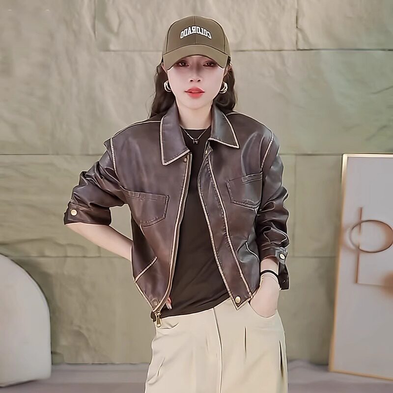 港味高档复古皮衣外套女装秋季新款机车服短款上衣休闲水洗皮夹克