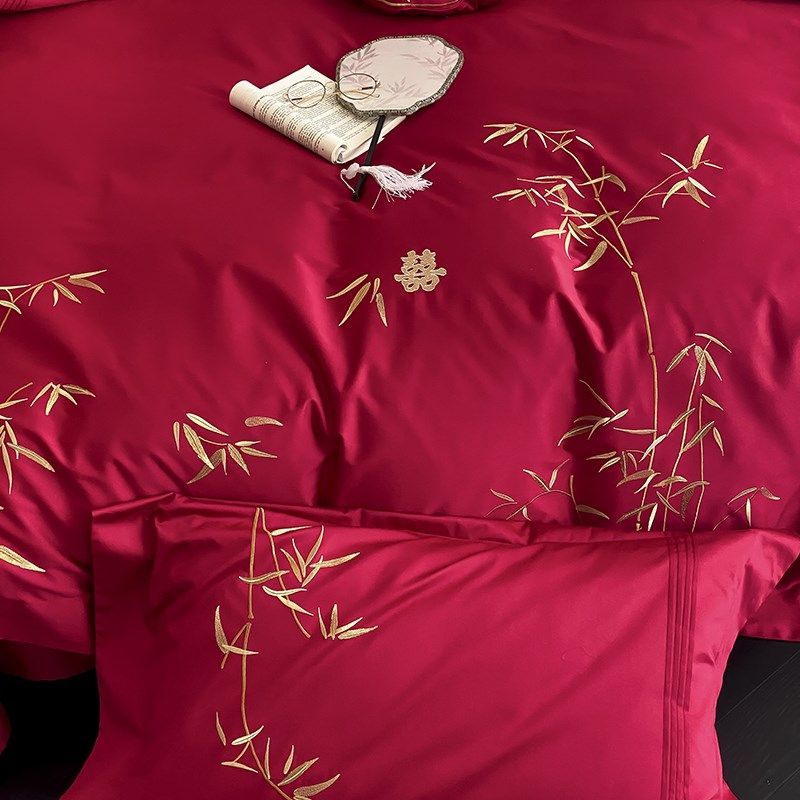 金竹报喜~新中式结婚床上用品四件套J婚庆全棉大红色陪嫁喜被,床上用品,婚庆床品套件,淘宝优惠券,粉丝福利购,淘宝优惠卷