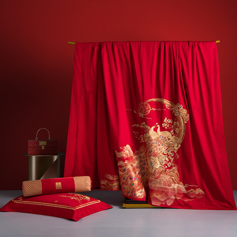 新中式婚庆牀上用品四件套大红色牀单刺绣喜庆T被套结婚十件套,床上用品,婚庆床品套件,淘宝优惠券,粉丝福利购,淘宝优惠卷
