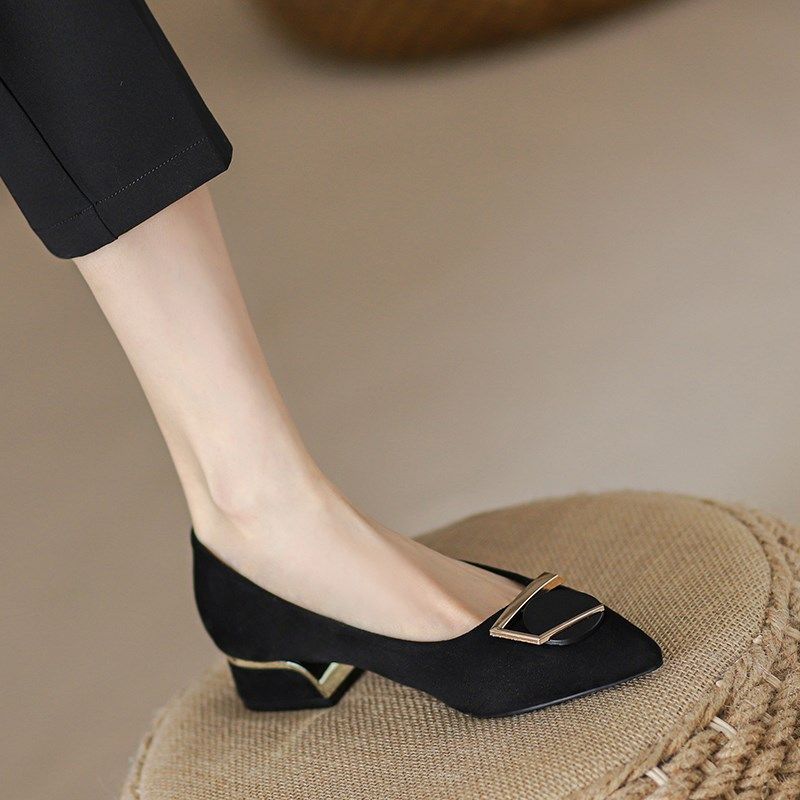法式晚风黑色单鞋气质粗跟尖头平底女鞋绒面3Q公分小跟职业工作鞋,女鞋,浅口单鞋,淘宝优惠券,粉丝福利购,淘宝优惠卷