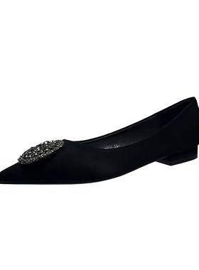 法式气质水钻尖头平底鞋女2024春秋新款黑色职R业浅口日常软底单