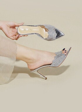 尖头宴会高跟鞋女2024r年春新款刺绣细跟单鞋香槟金绣花高跟凉拖