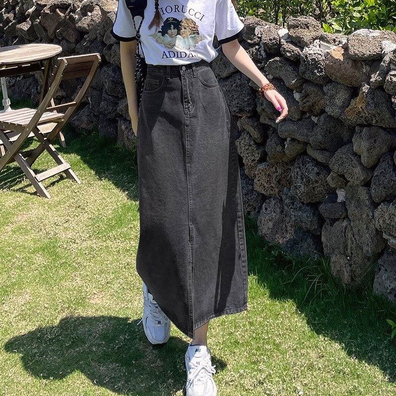 黑灰色开叉牛仔半身裙女中长春秋2024年新款设计感小众牛仔裙子女