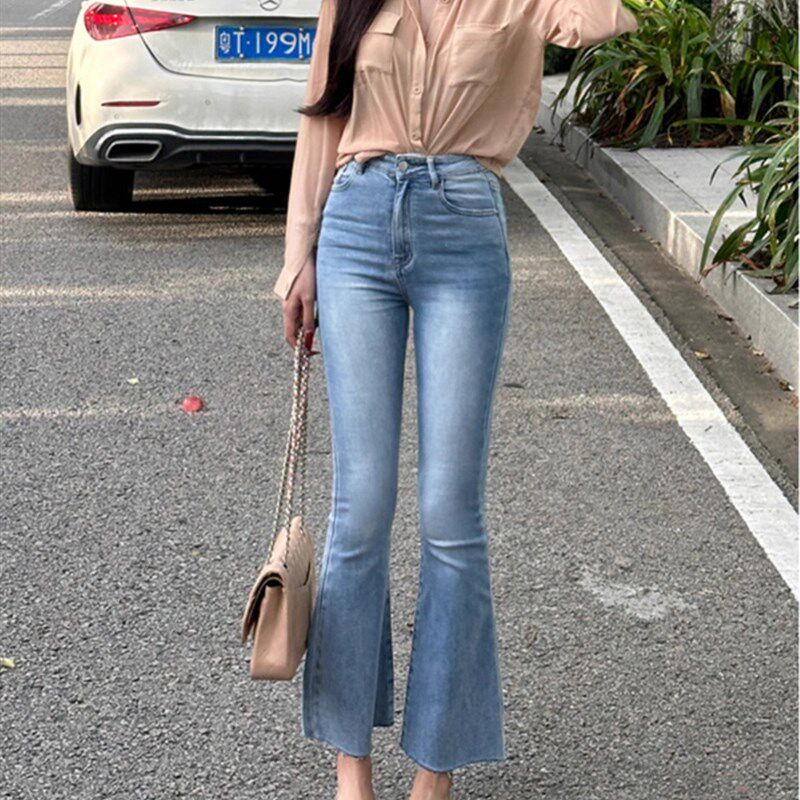 浅蓝微喇牛仔裤女2024新款秋季小个子高腰九分宽松八分弹力喇叭裤