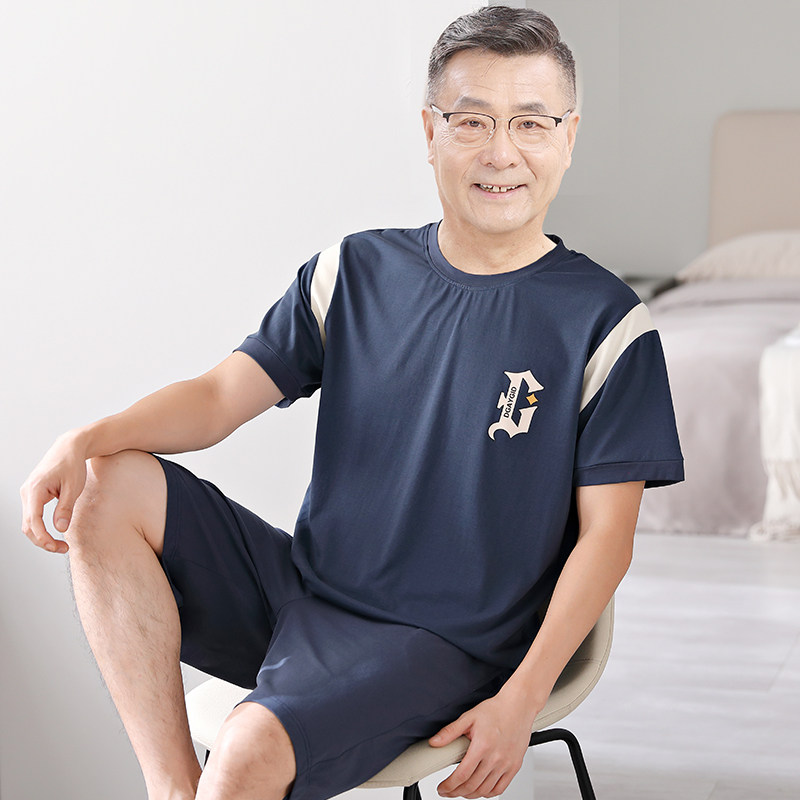 短袖睡衣男夏h季爸爸纯棉短裤套装中老年可外穿全棉男款夏款家居