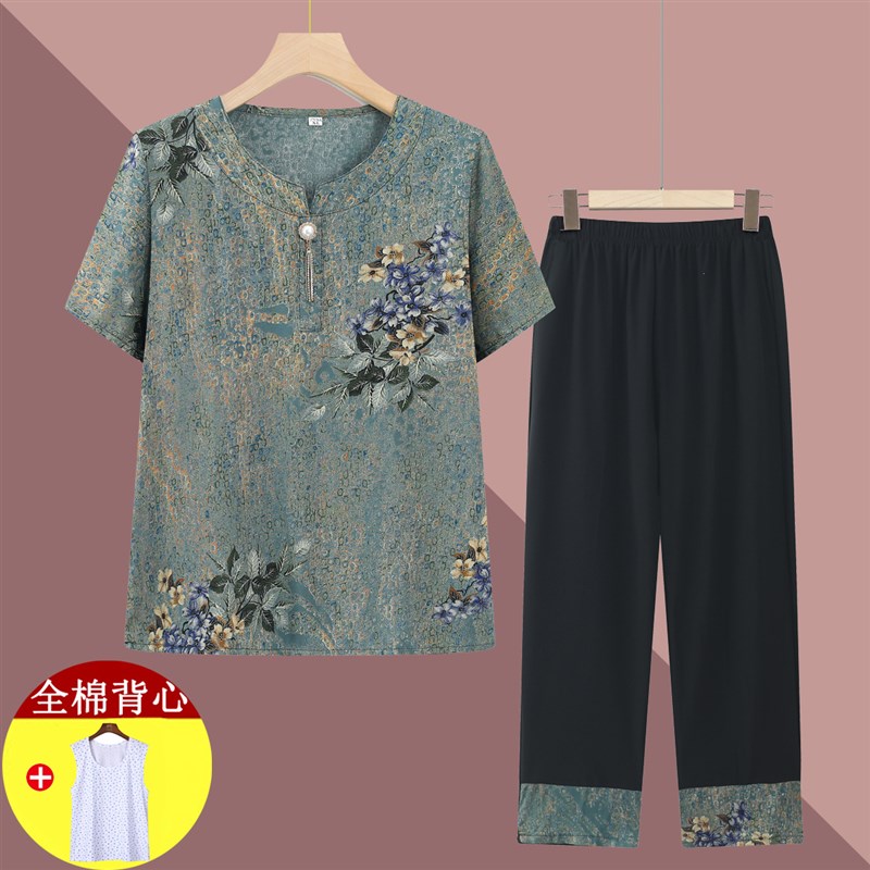 奶奶夏装棉质短袖中老年人T恤女妈妈洋气衣服70岁80老人新款套装