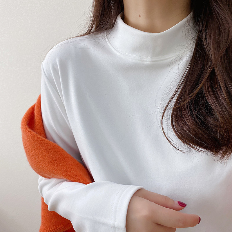 加厚德绒打底衫女秋冬内搭半高领磨毛白色长袖t恤2021春秋新款