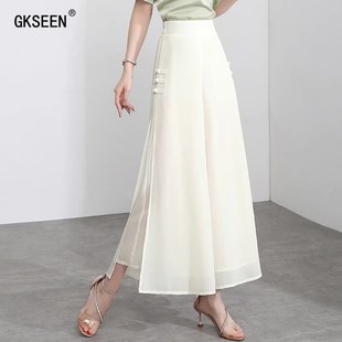 气质国风宽松显瘦垂感开叉九分裙裤 雪纺阔腿裤 新款 2025夏季 女薄款