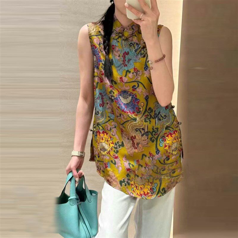 新中式醋酸缎面马甲女2025夏季盘扣复古国风旗袍裙上衣背心连衣裙