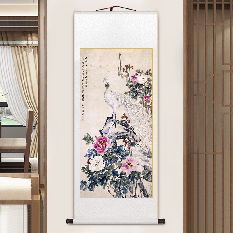 玄关牡丹国画孔小瑜花鸟图名家卷轴画中式客厅装饰画书房茶室壁画